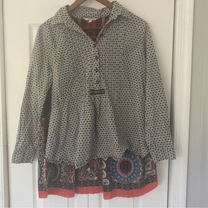 John Mark Women Large Blouse High Low Gingham Floral Funky Artsy Boho Pleated